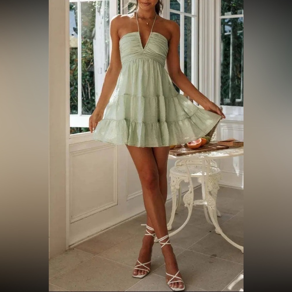 Rosa Olive Solid Halter Plunge Ruched Swing Mini Dress - Picture 3 of 6